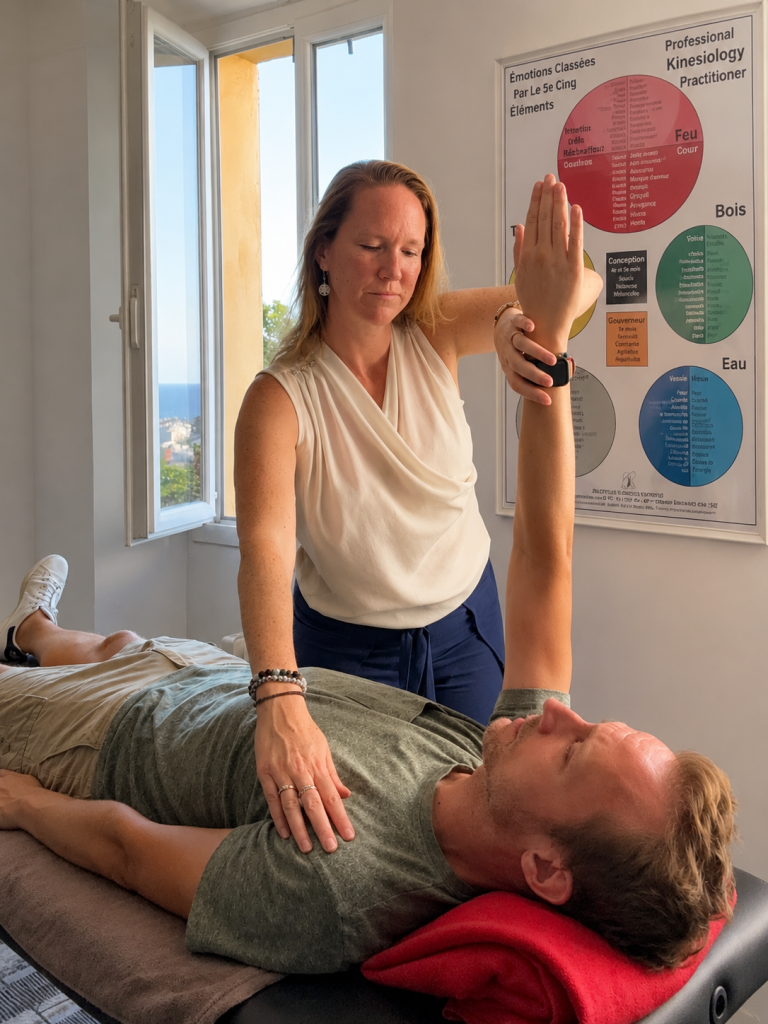 Séance de kinésiologie avec test musculaire au Cannet